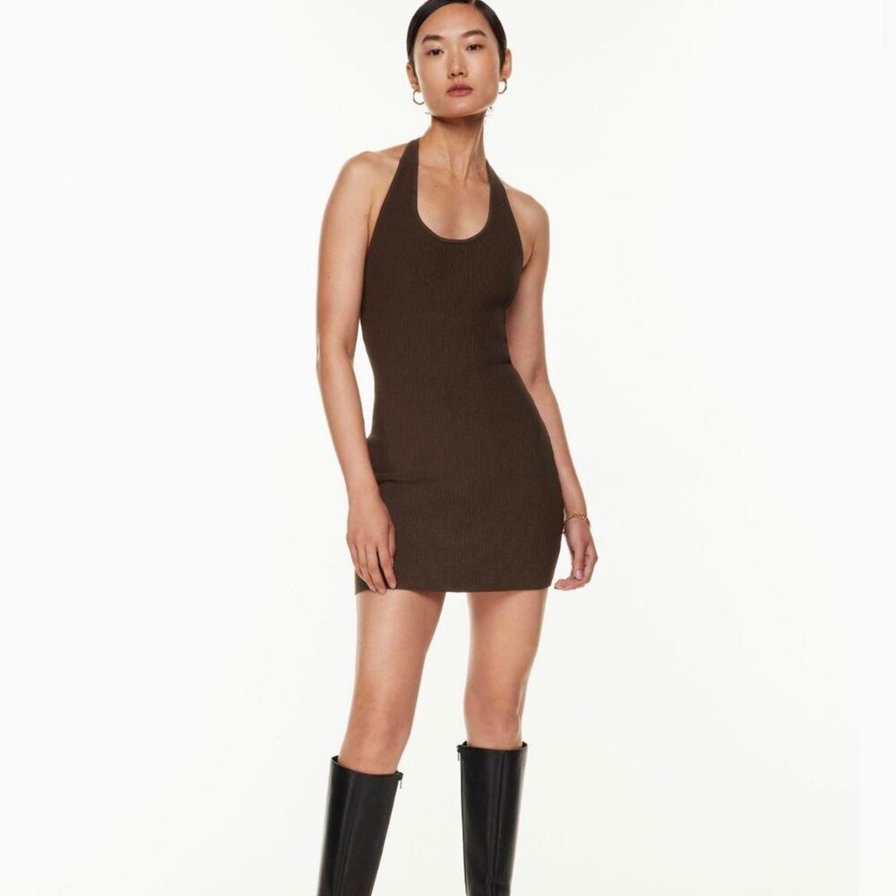 Aritzia Babaton Sculpt Knit Backless Halter Dress Sz Large Rich Mocha Brown